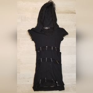 HELL BUNNY Safety Pin and Fishnet Hooded Mini Dress